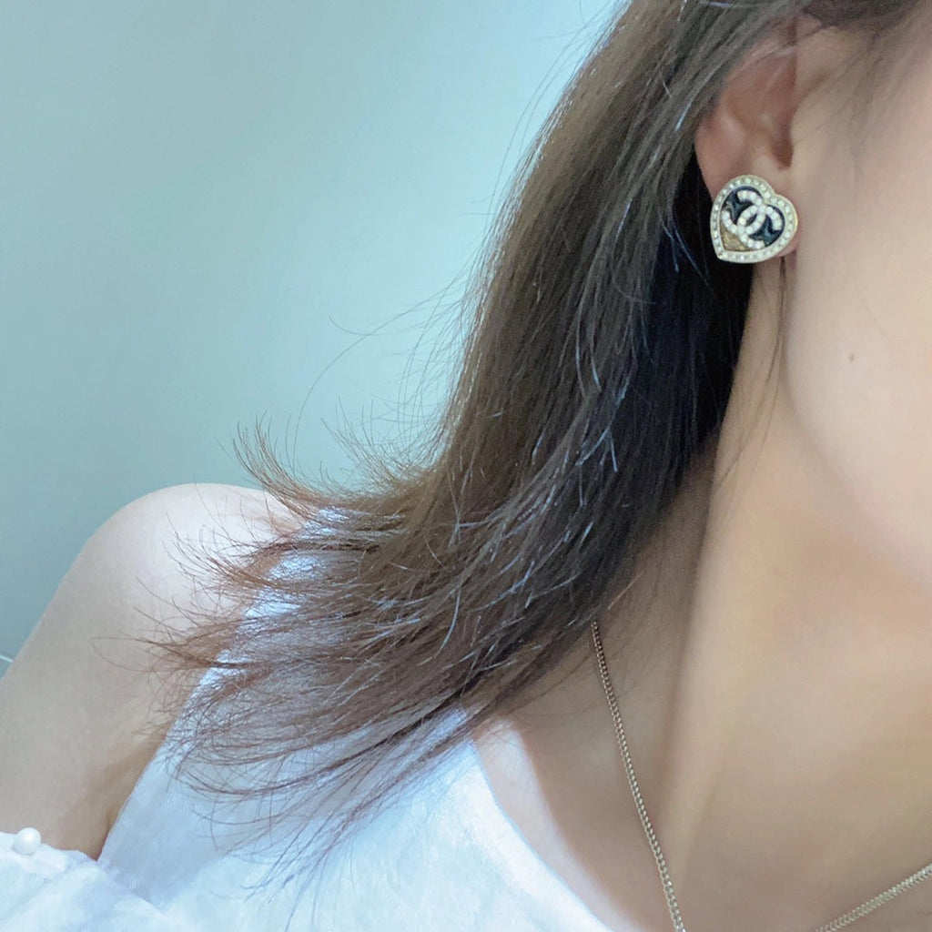 Chanel Diamond Paved Heart Black Enamel Stud Earrings