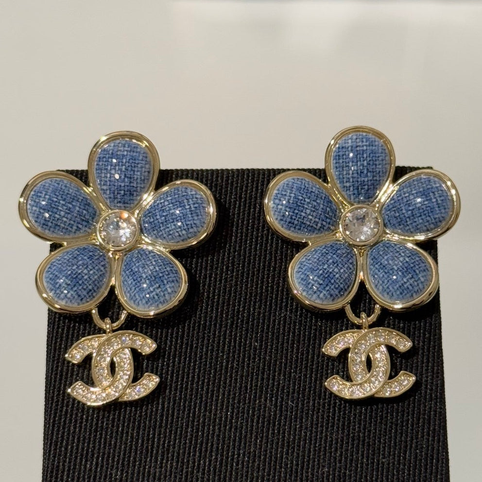 Chanel 2026 Denim Enamel Flower Crystal Light Gold Diamond Earrings