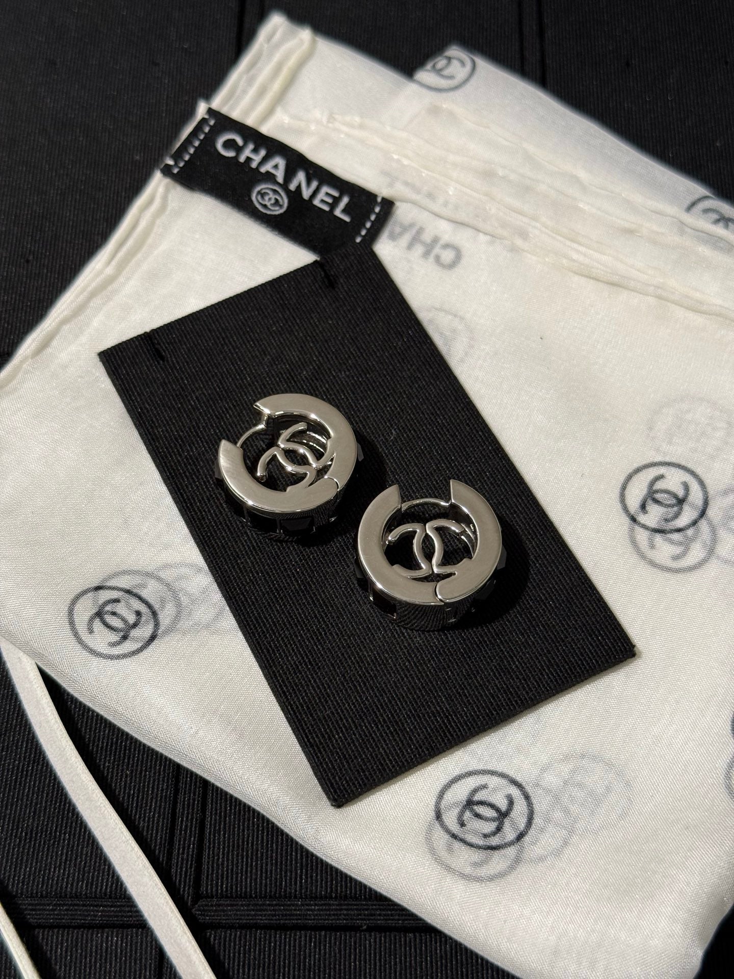 Chanel 2026 Black Square Diamond Silver Double C Hoop Earrings Stud Earrings