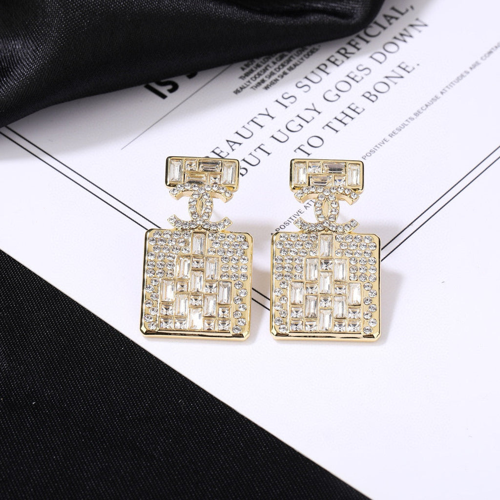 Chanel Perfume Bottle Gold Diamond Earrings