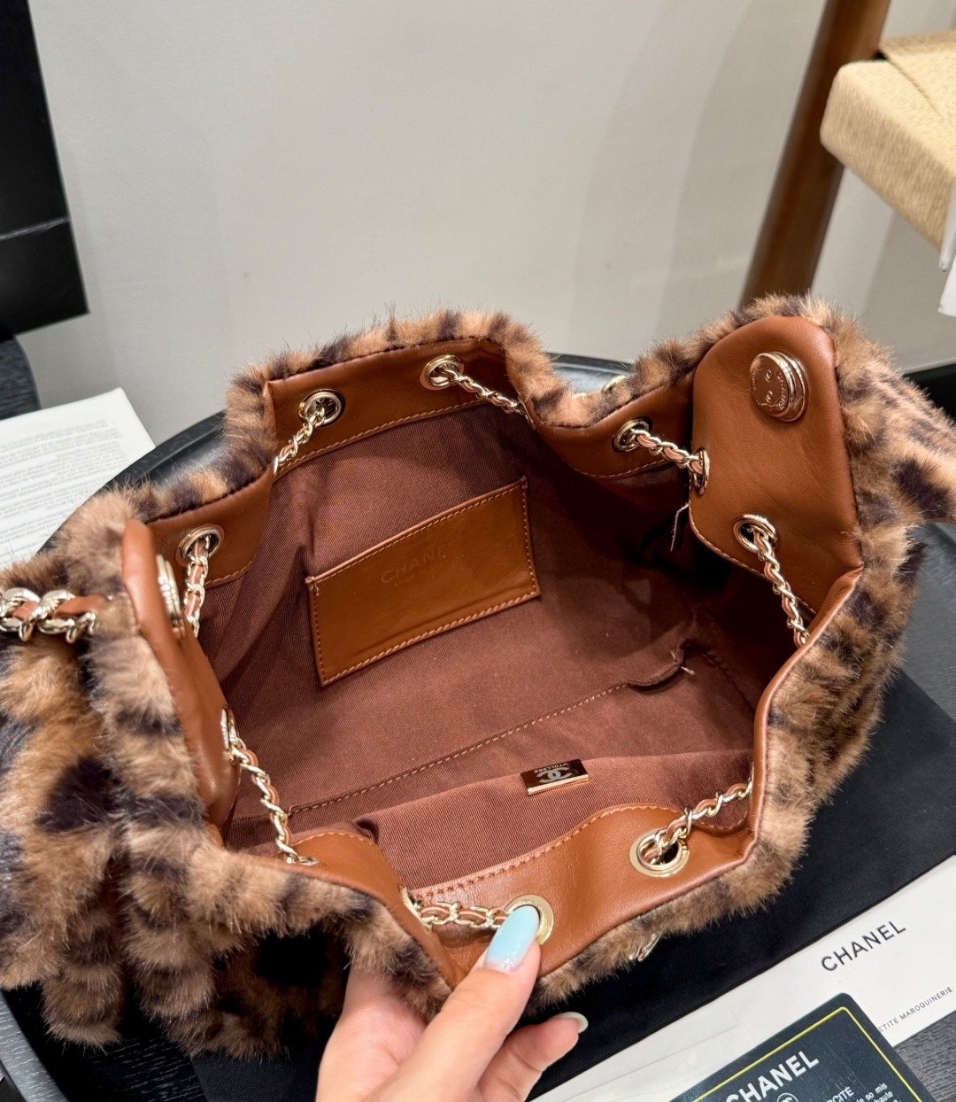 Chanel 25 Leopard-Pattern Plush Bucket Bag — detail