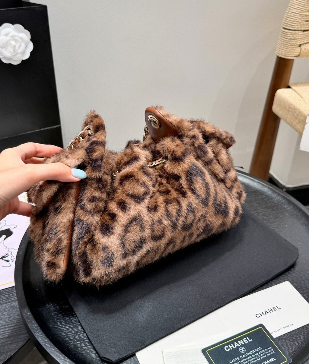 Chanel 25 Leopard-Pattern Plush Bucket Bag — back