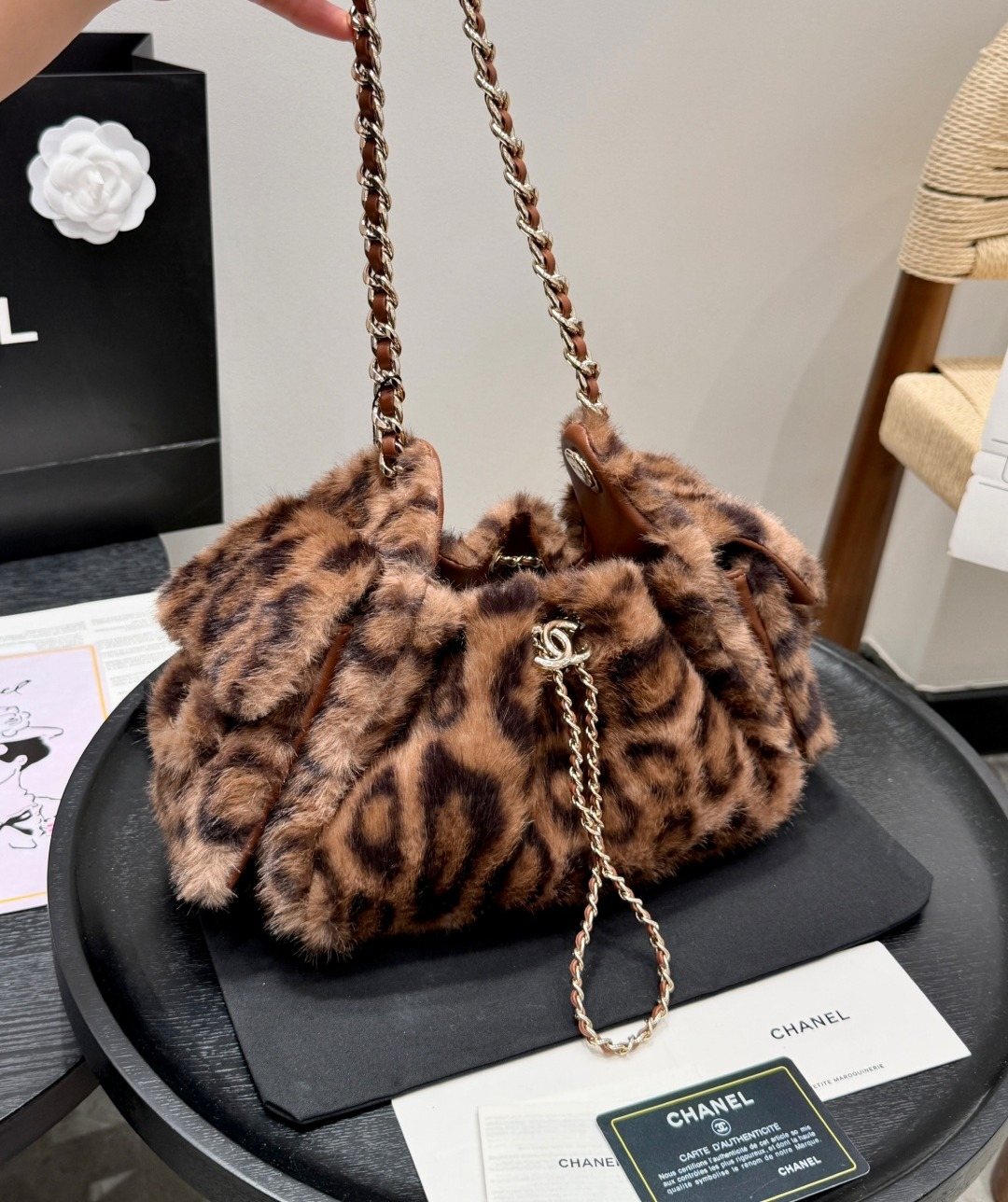Chanel 25 Leopard-Pattern Plush Bucket Bag — front