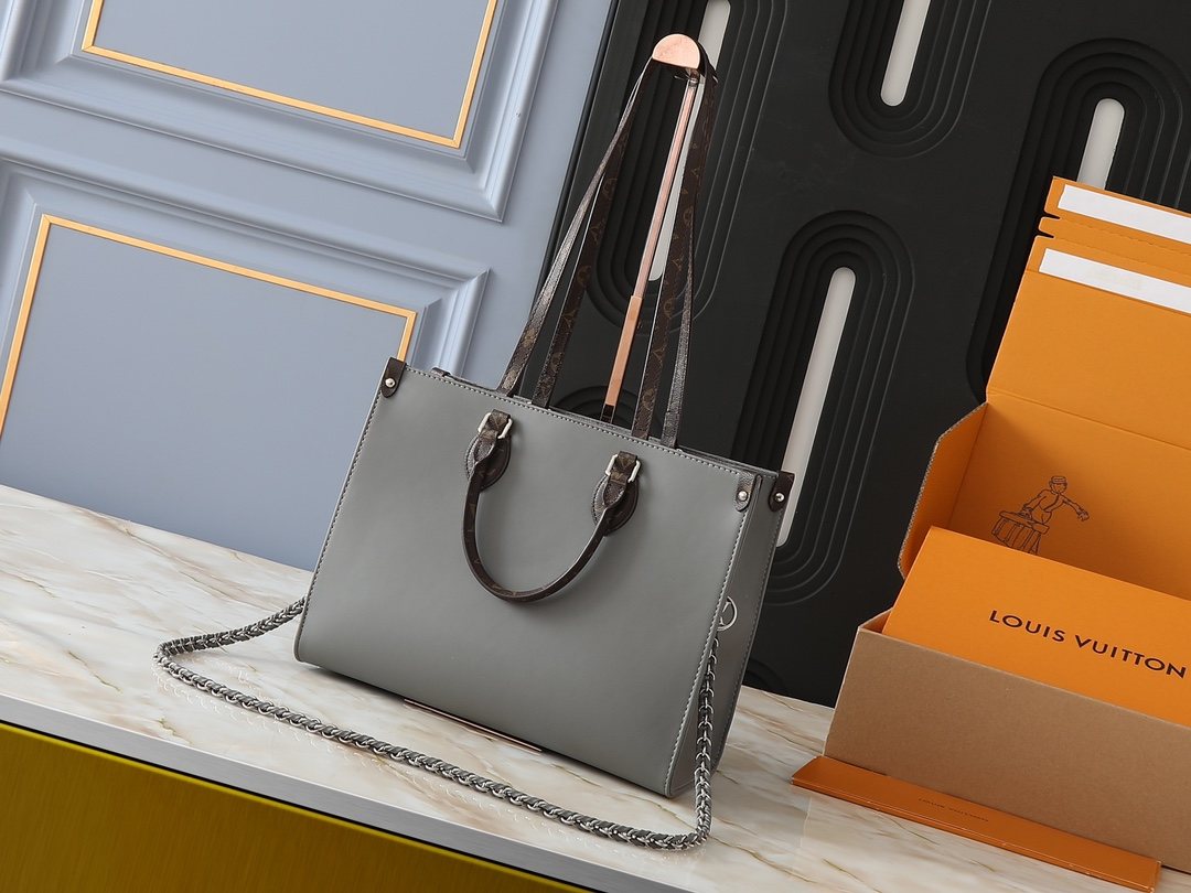 Louis Vuitton OnTheGo Gray Tote with Monogram Handles — front