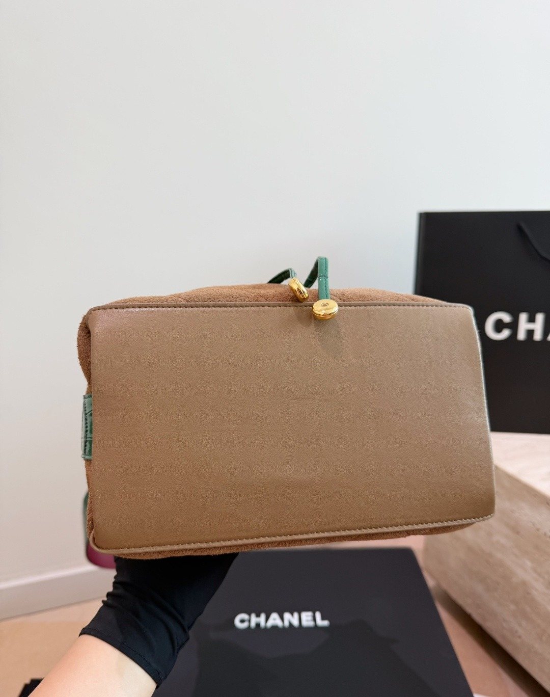 Chanel Contrast-Trim Drawstring Bucket Bag — detail