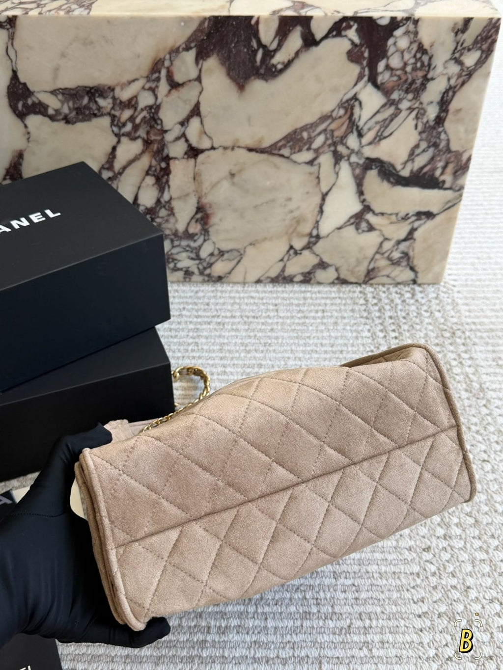 Chanel 25 Suede-Finish Quilted Hobo Bag — detail