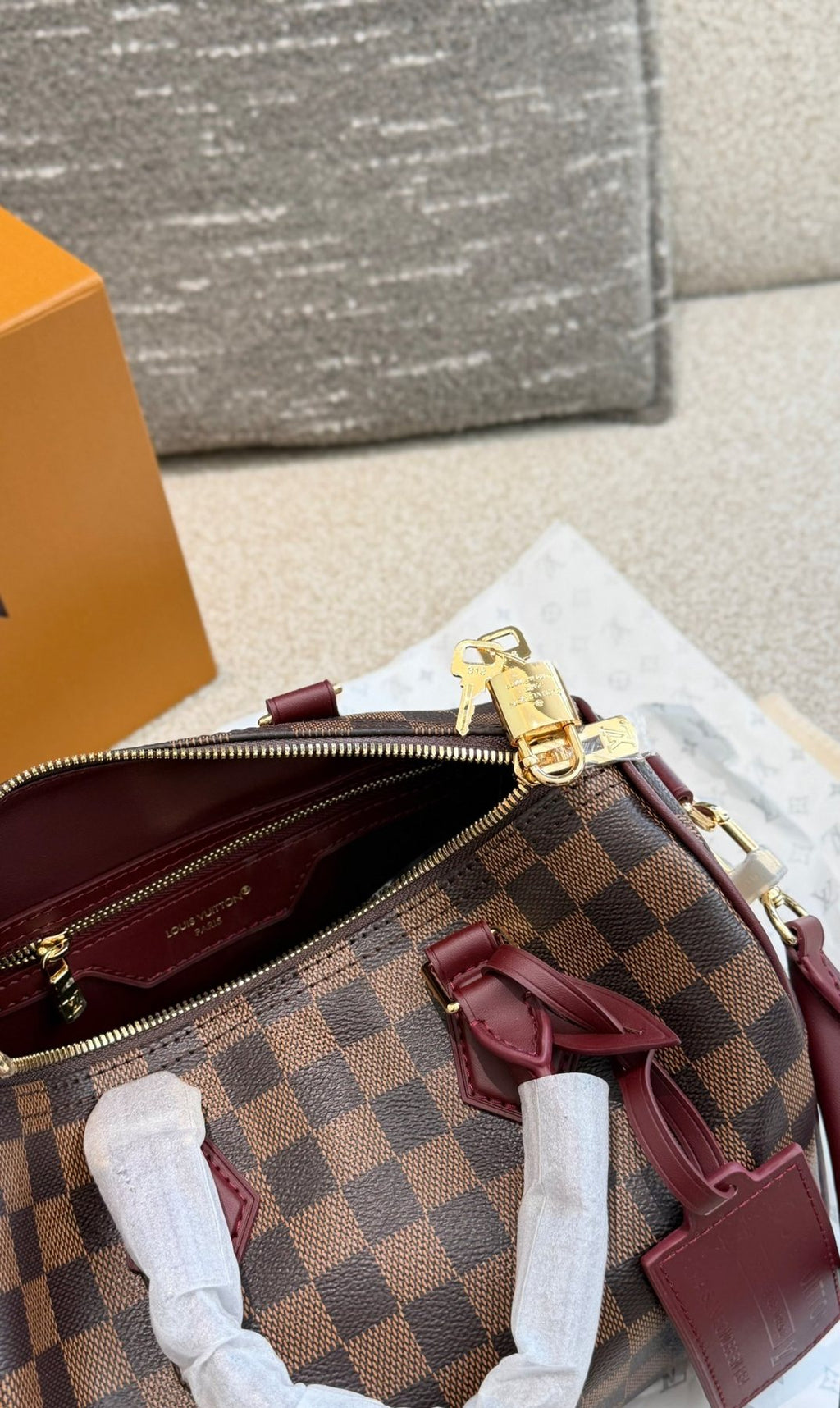 Louis Vuitton Brown Checker Satchel with Burgundy Trim — detail