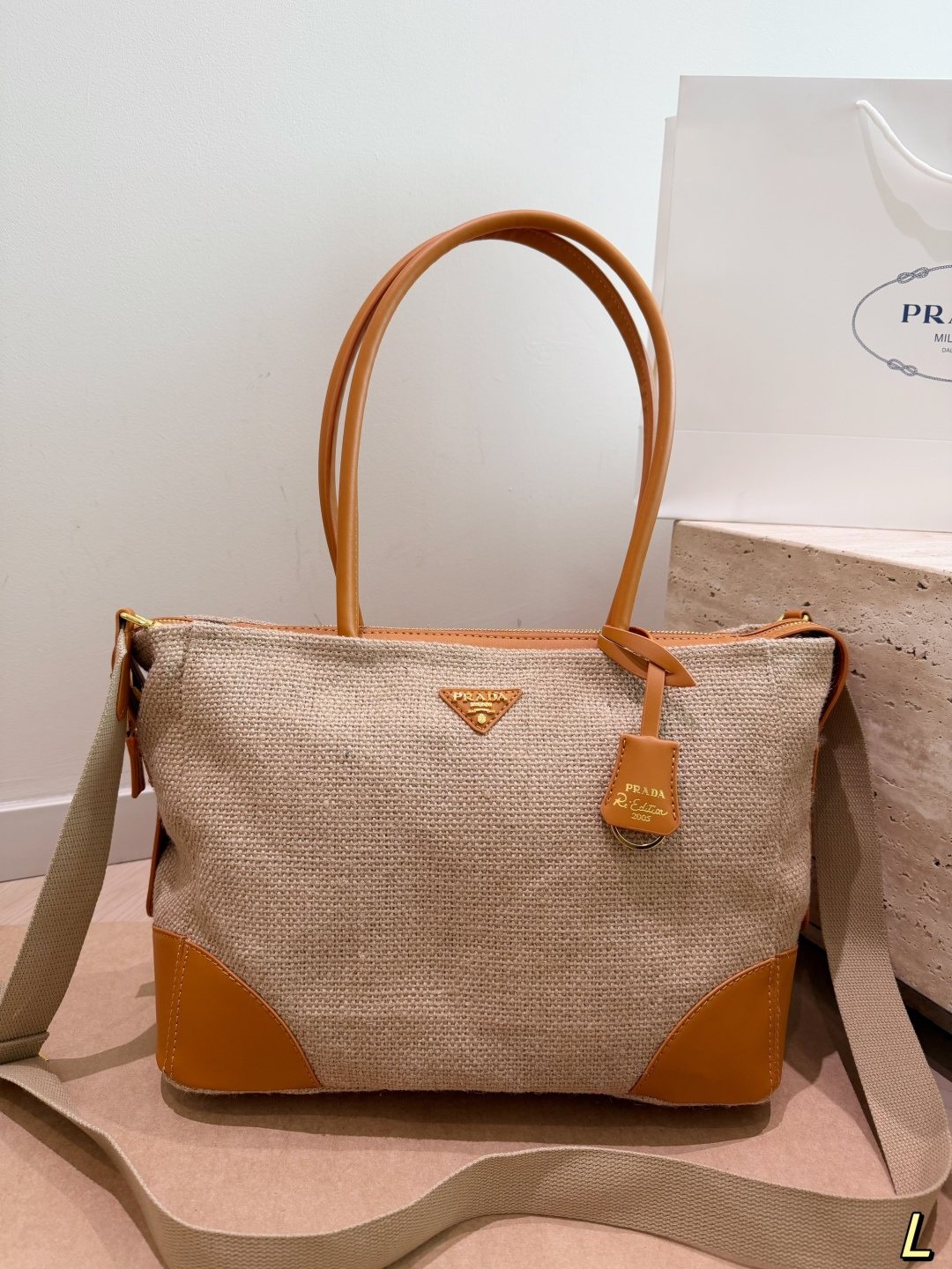 Prada Textured Linen and Leather Tote — front