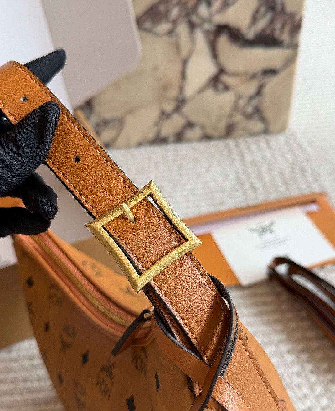 MCM Monogram Curved Hobo Shoulder Bag — detail