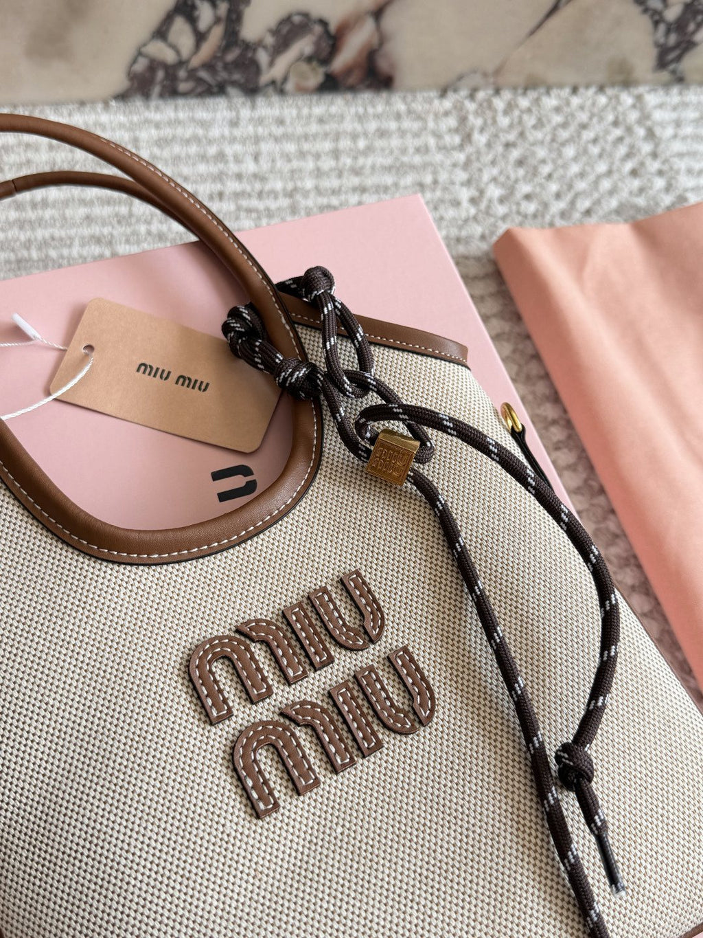 Miu Miu Ivy Canvas Tote Bag with Brown Trim — detail