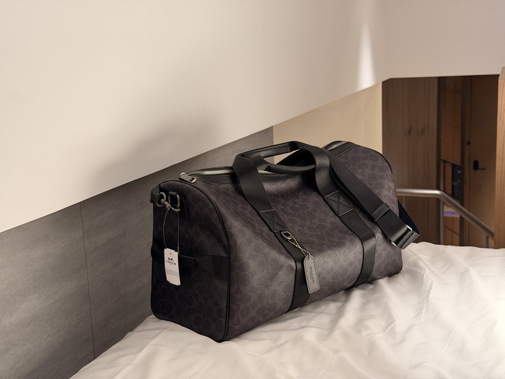 Dark Brown Patterned Duffel Bag with Black Trim — side