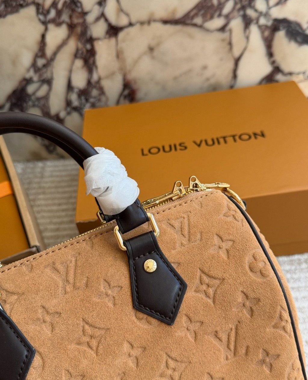 Louis Vuitton Speedy Camel Embossed Monogram Handbag — detail