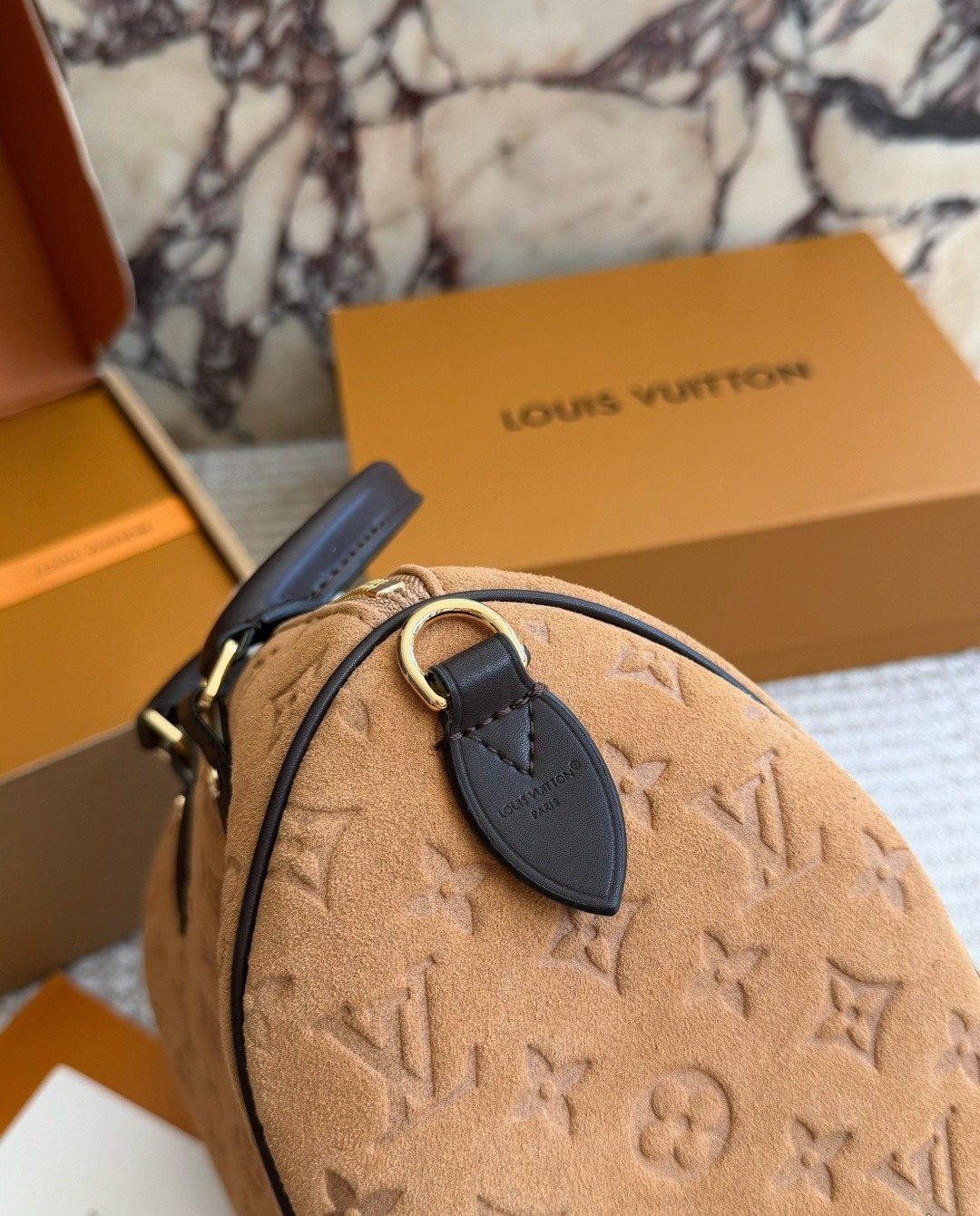 Louis Vuitton Speedy Camel Embossed Monogram Handbag — side