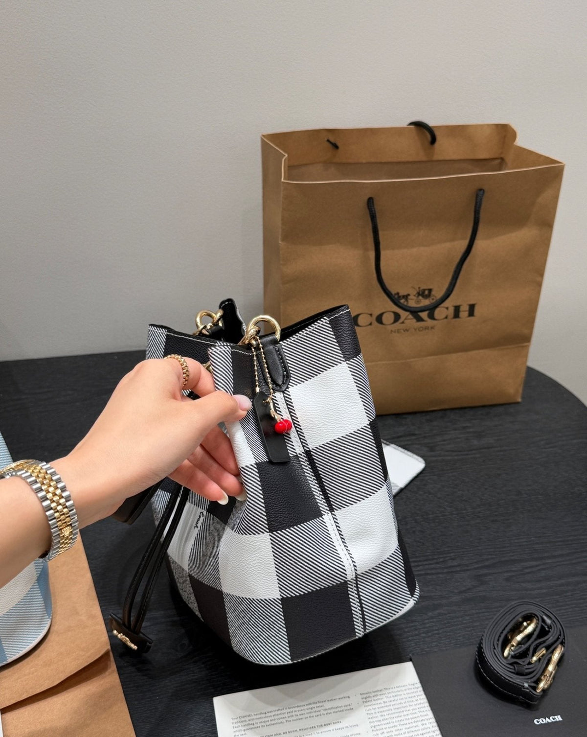Coach Rowan Check Drawstring Bucket Bag — side