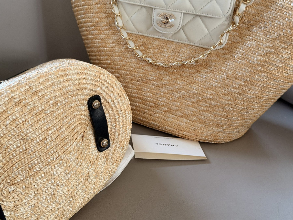 Chanel Woven Basket Bag with Quilted Flap — detail