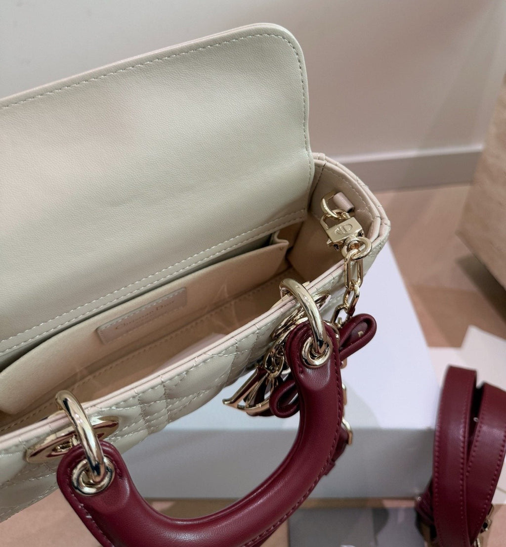 Dior D-Joy Quilted Top-Handle Bag with Burgundy Bow — detail