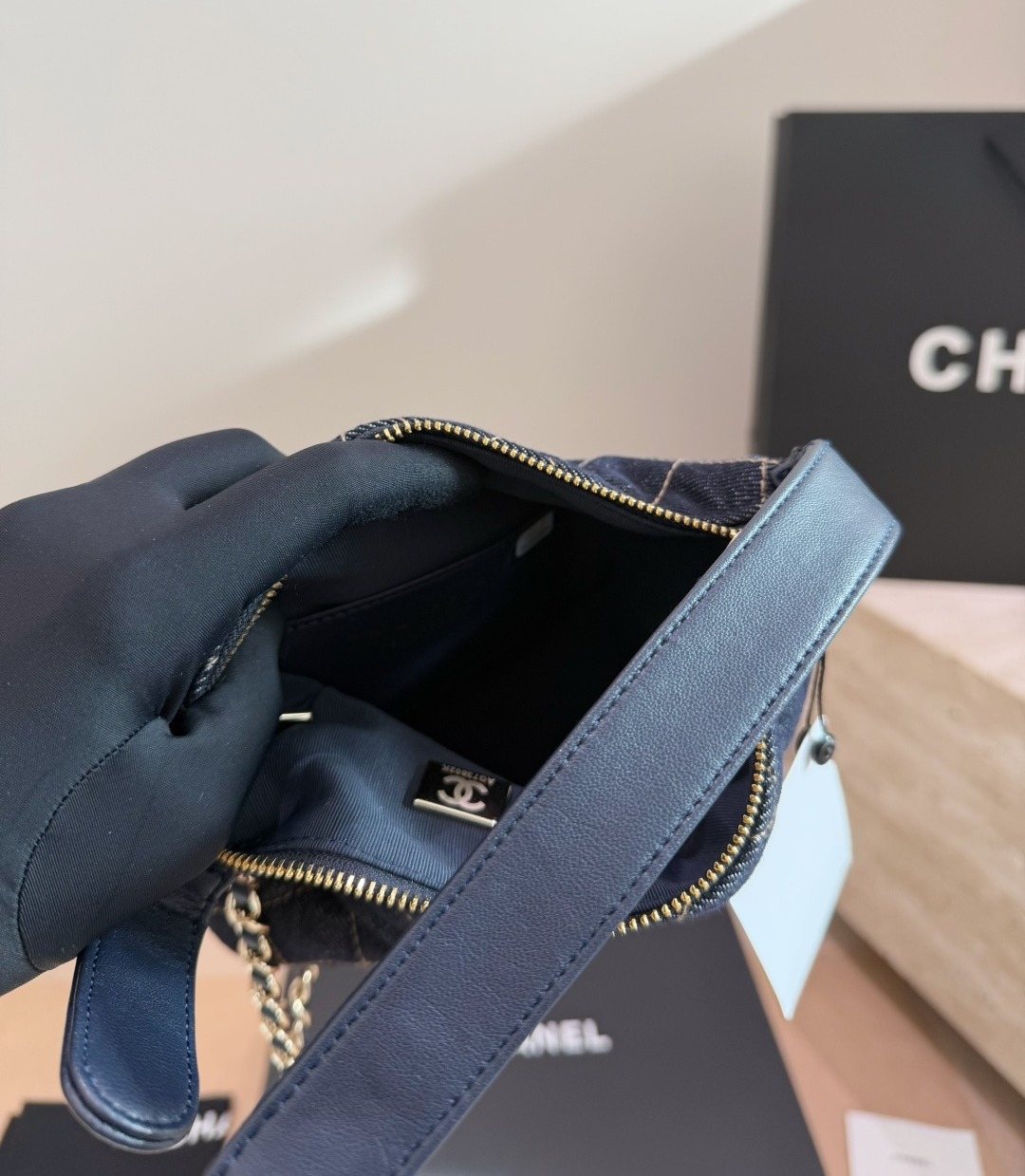 Chanel Diamond-Quilted Denim Top-Handle Bag — detail