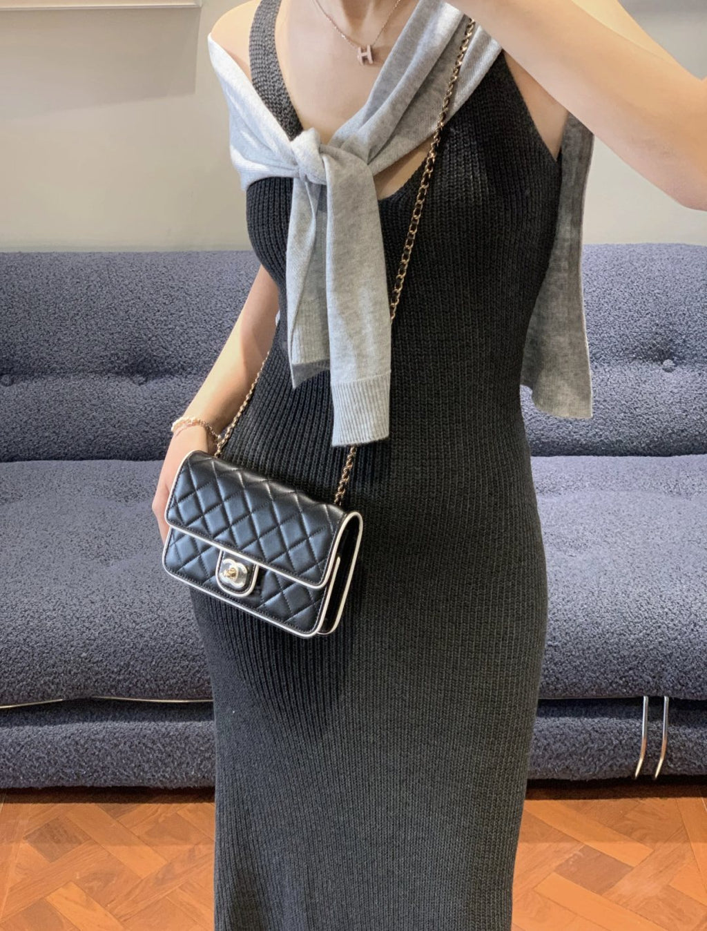 Chanel Quilted Wallet on Chain with Contrast Piping — model