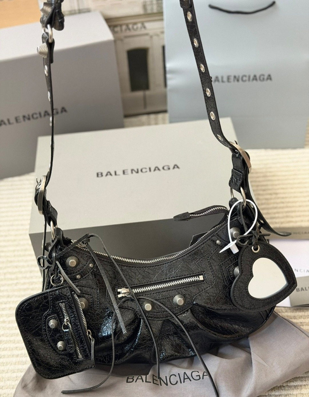 Balenciaga Le Cagole Studded Crescent Shoulder Bag — front