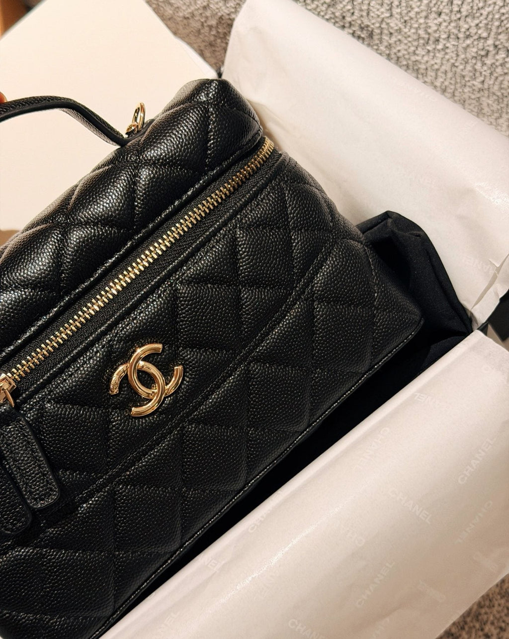 Chanel Black Quilted Box Top-Handle Bag — detail
