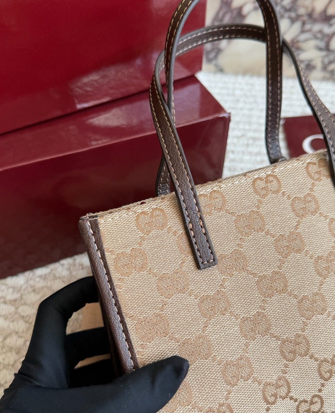 Gucci GG Pattern Tote with Double-G Ornament — detail