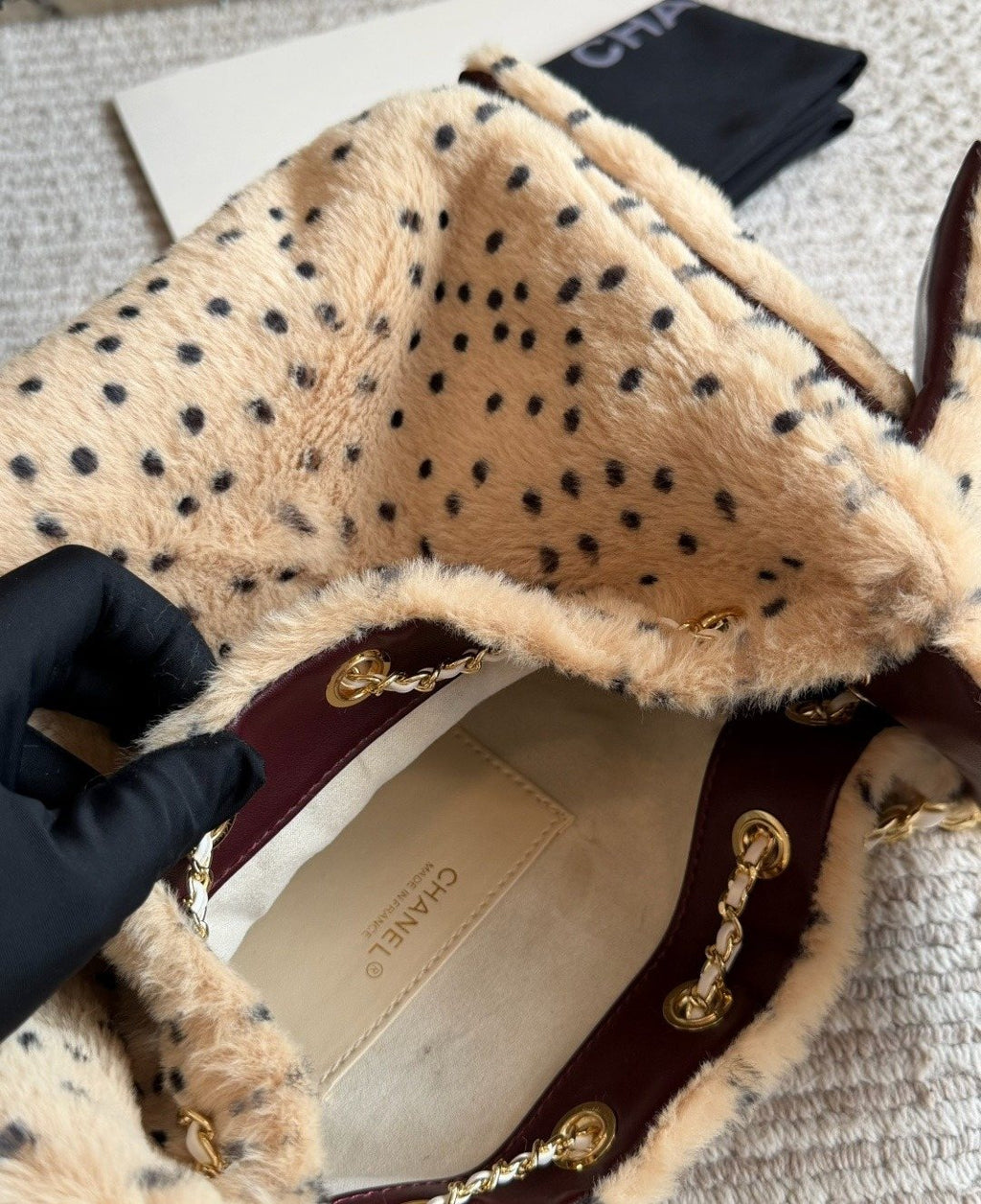 Chanel 25 Spotted Plush Bucket Bag — detail