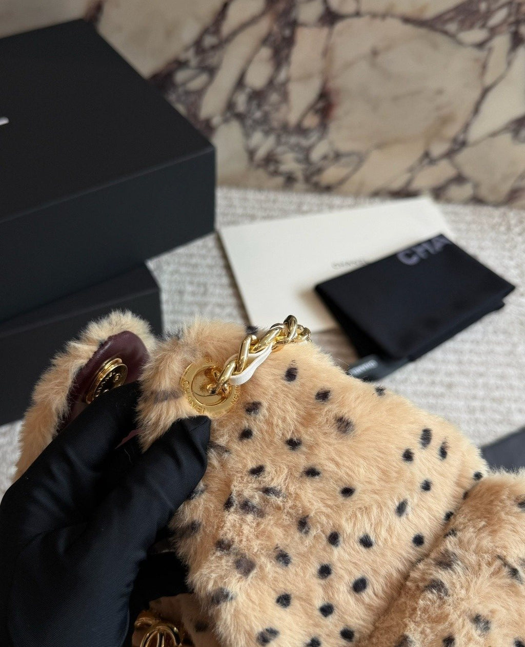 Chanel 25 Spotted Plush Bucket Bag — detail