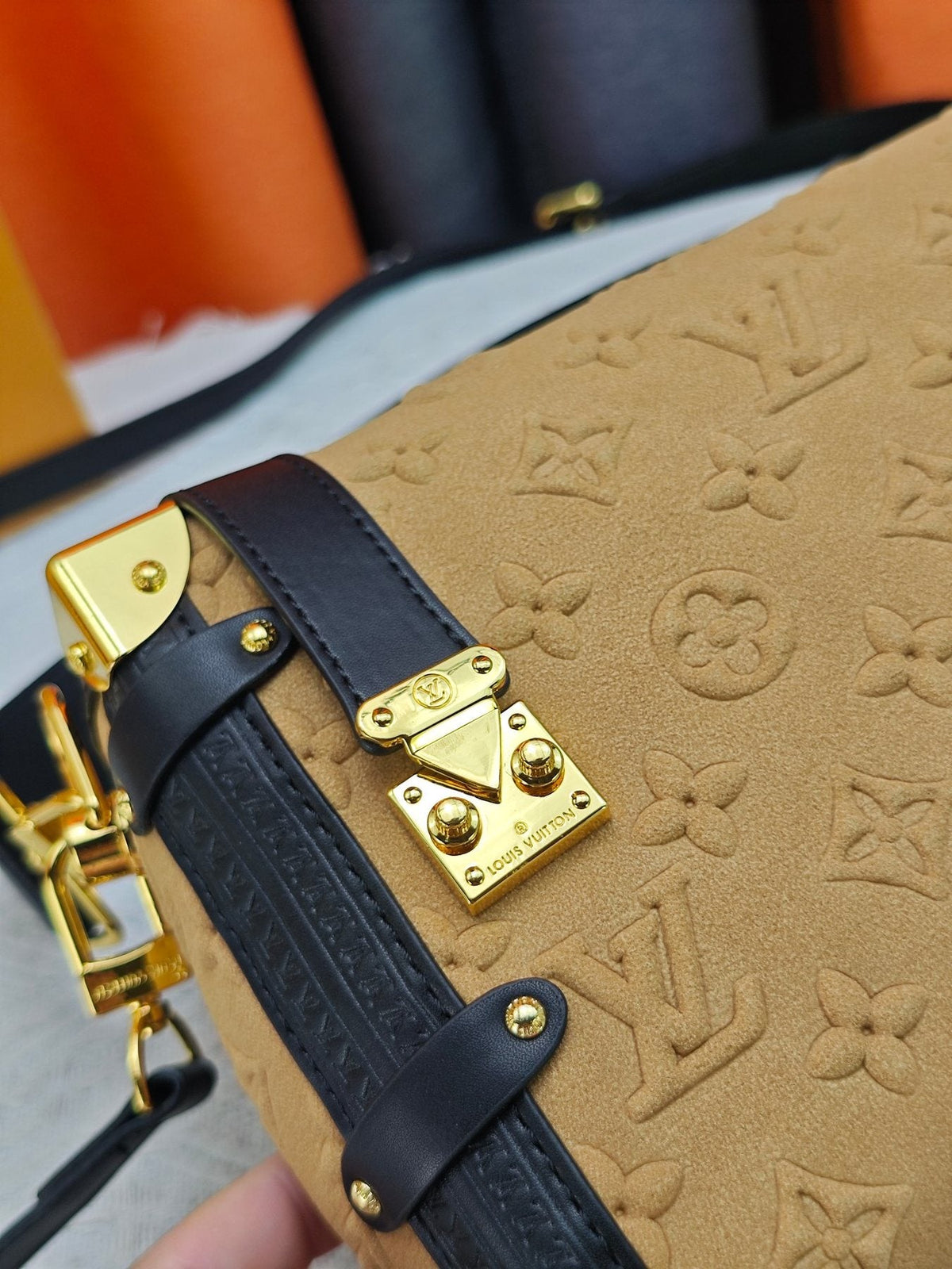 Louis Vuitton Side Trunk Embossed Tan Handbag — detail