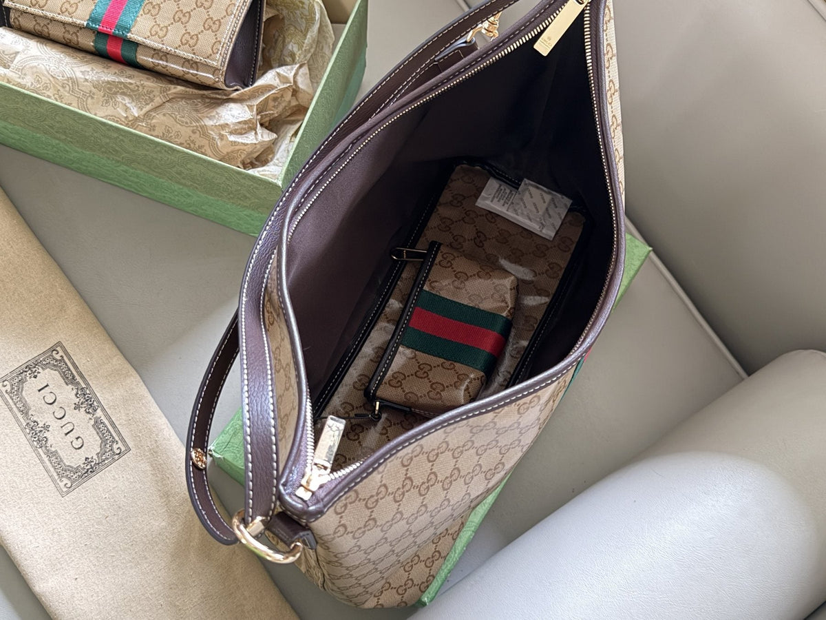 Beige Monogram Tote with Red-Green Stripe and Pouch — detail