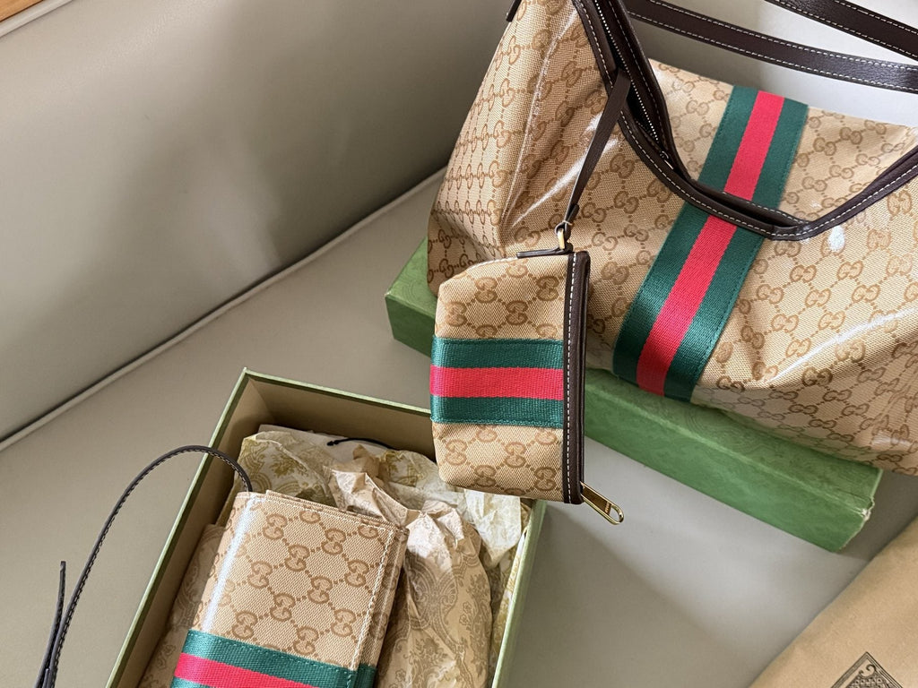 Beige Monogram Tote with Red-Green Stripe and Pouch — detail