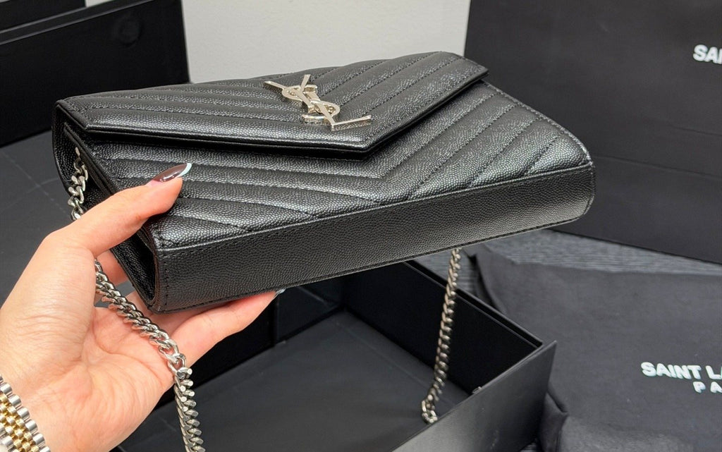 Saint Laurent Chevron-Quilted Envelope Wallet on Chain — detail