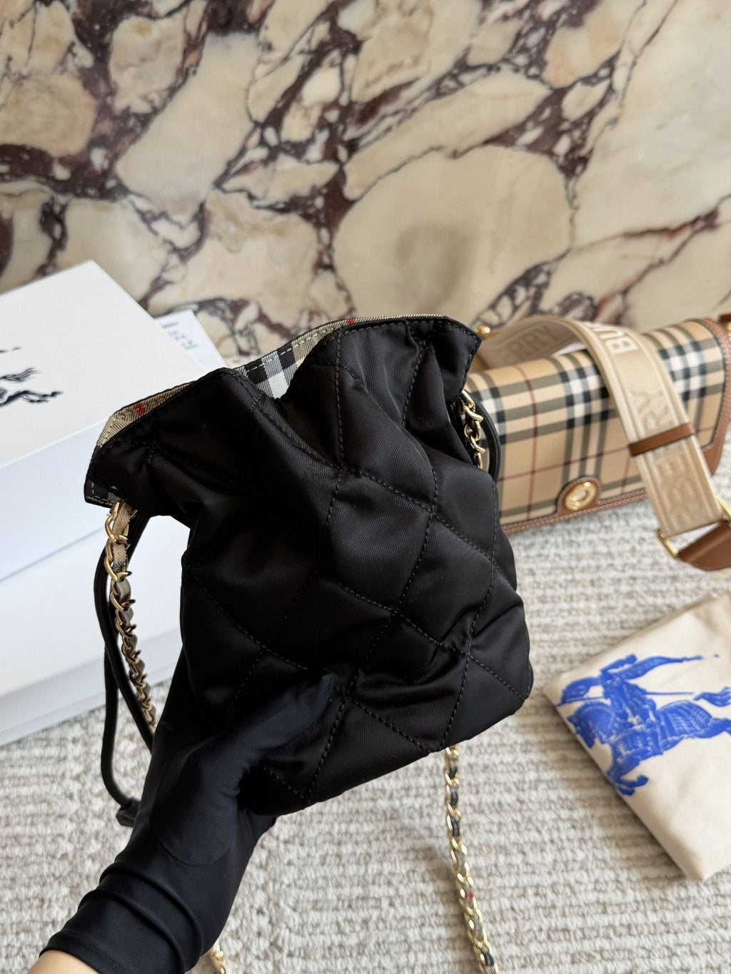 Black Quilted Chain-Strap Bucket Bag — back