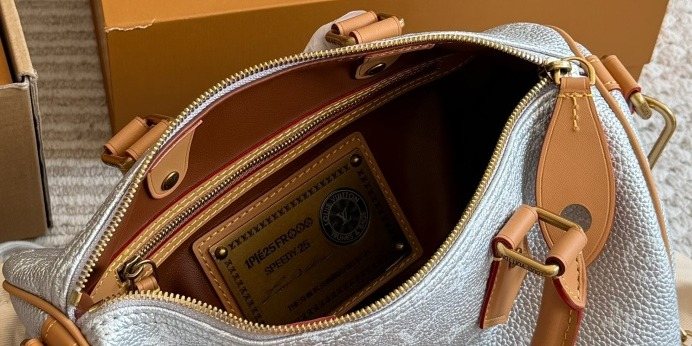 Louis Vuitton Speedy Silver Satchel with Tan Trim — detail
