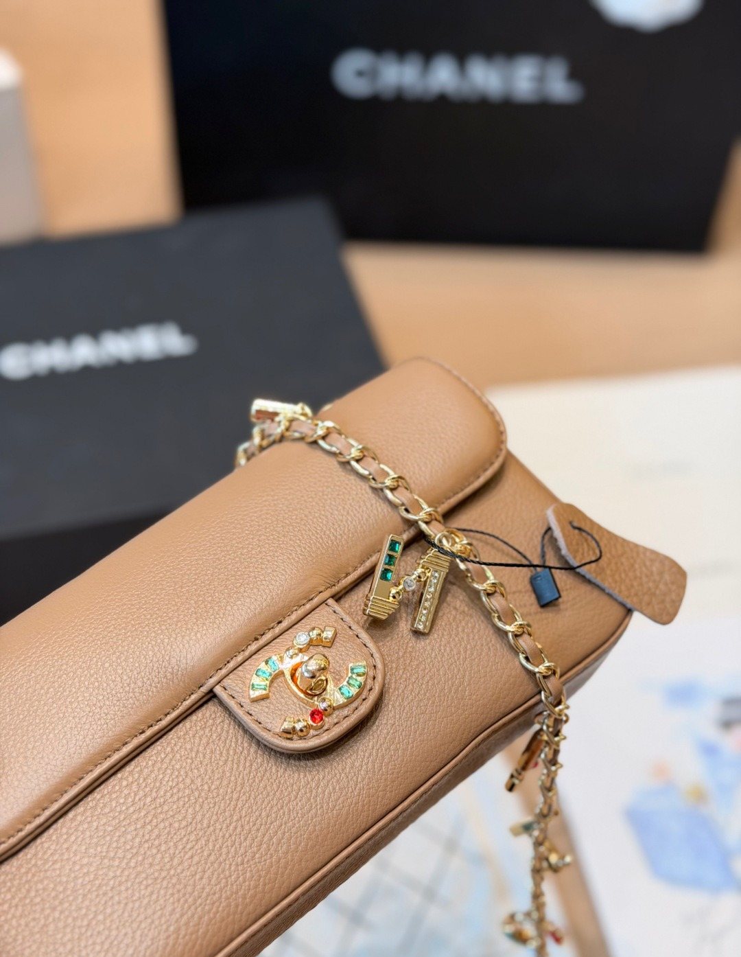 Chanel Letter-Charm Chain Flap Shoulder Bag — detail