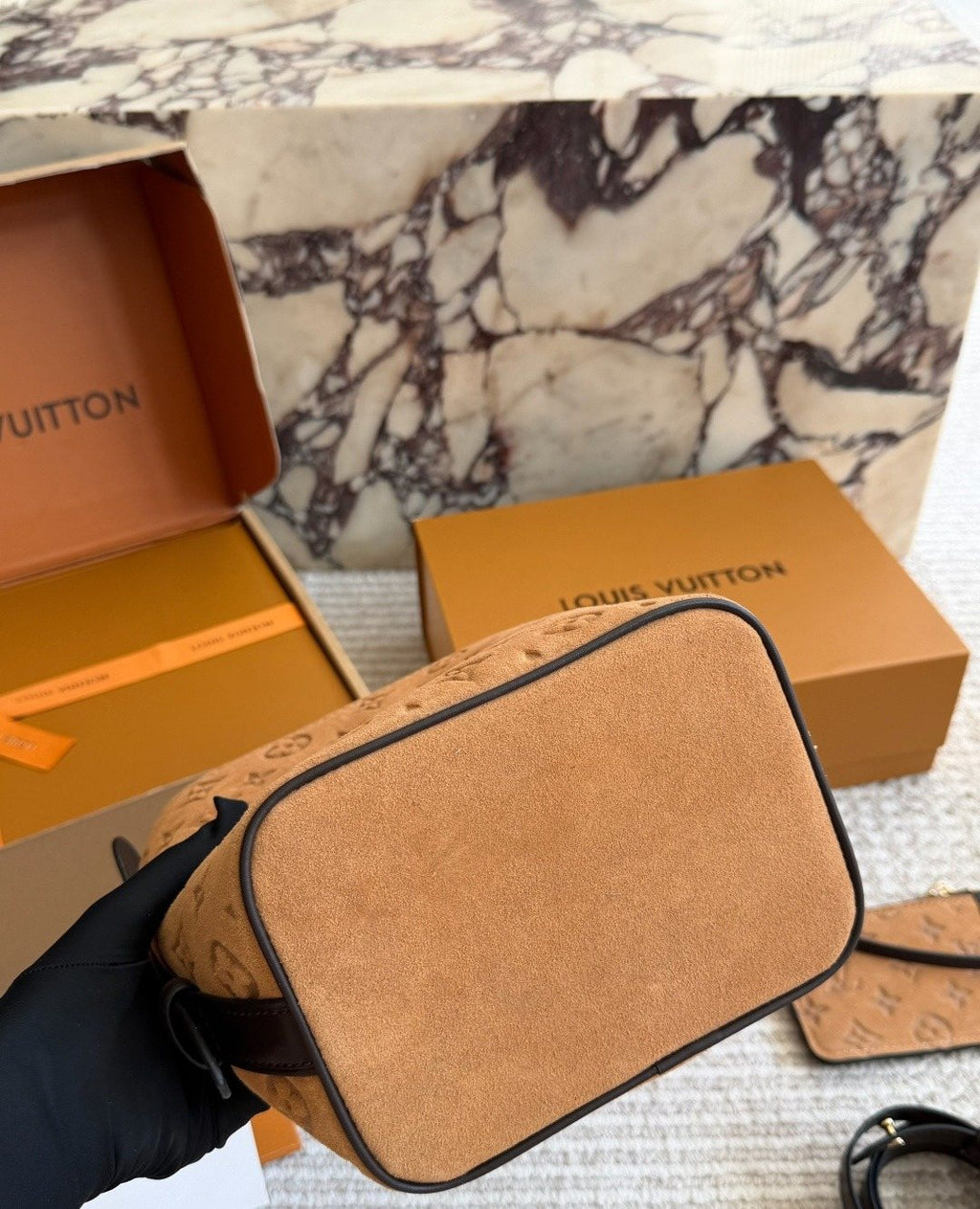 Louis Vuitton Tan Embossed Monogram Bucket Bag — detail