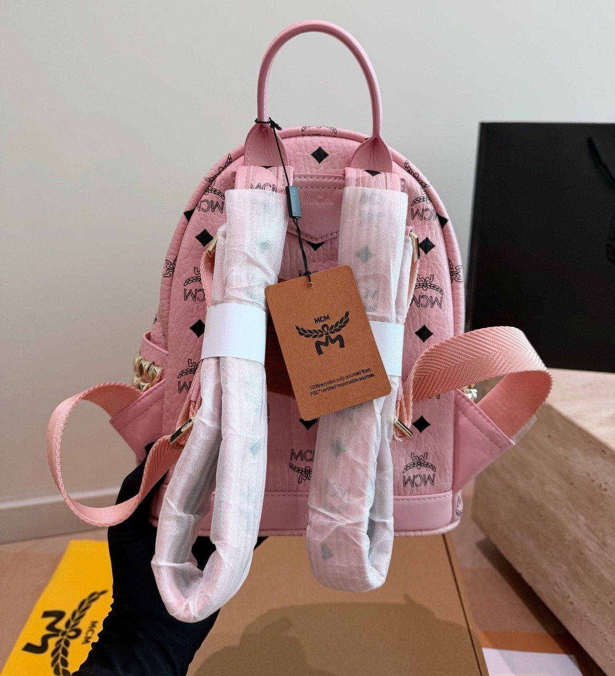 MCM Pink Monogram Backpack — back