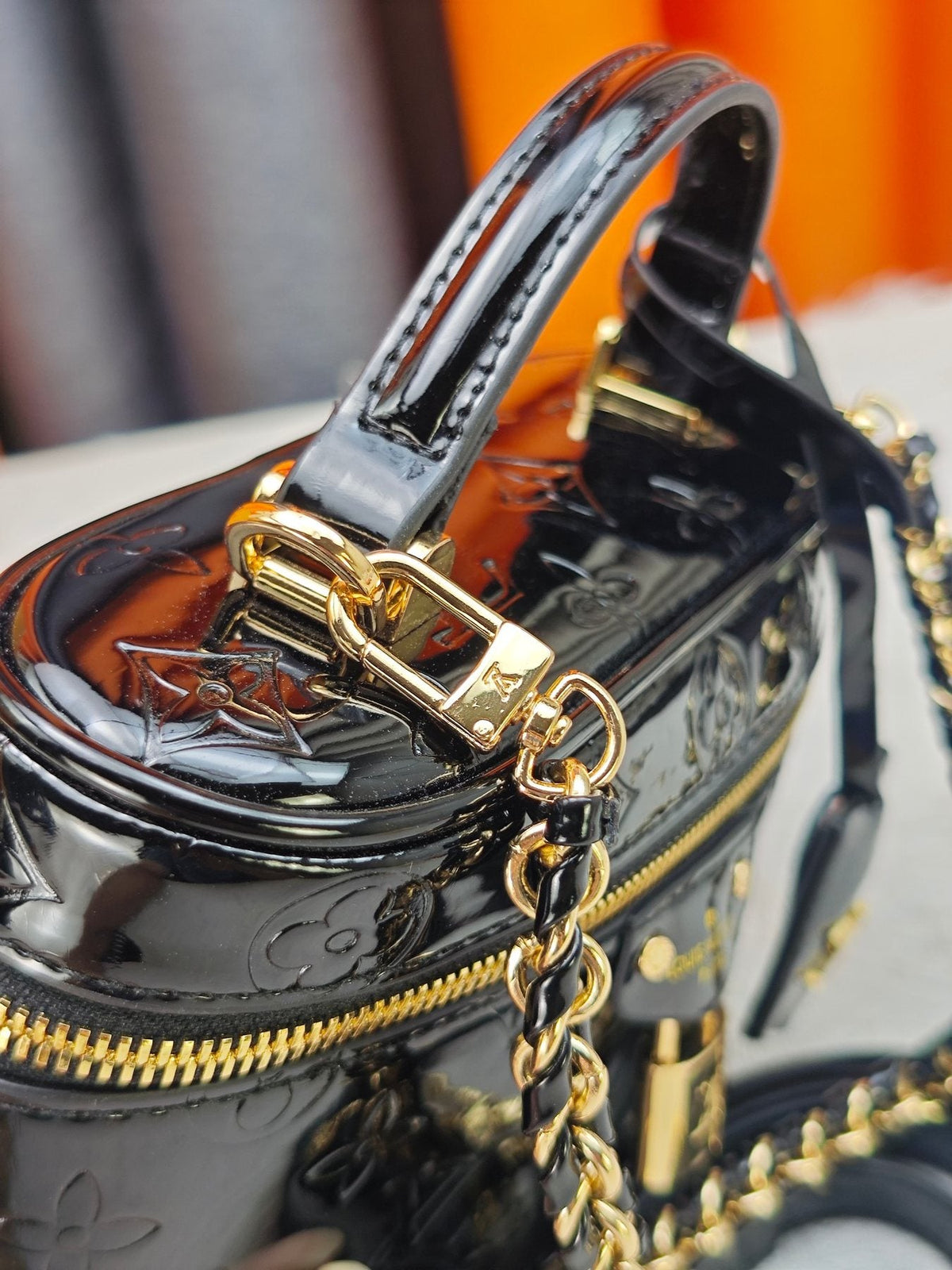 Louis Vuitton Vanity Chain Pouch in Glossy Black Monogram — detail