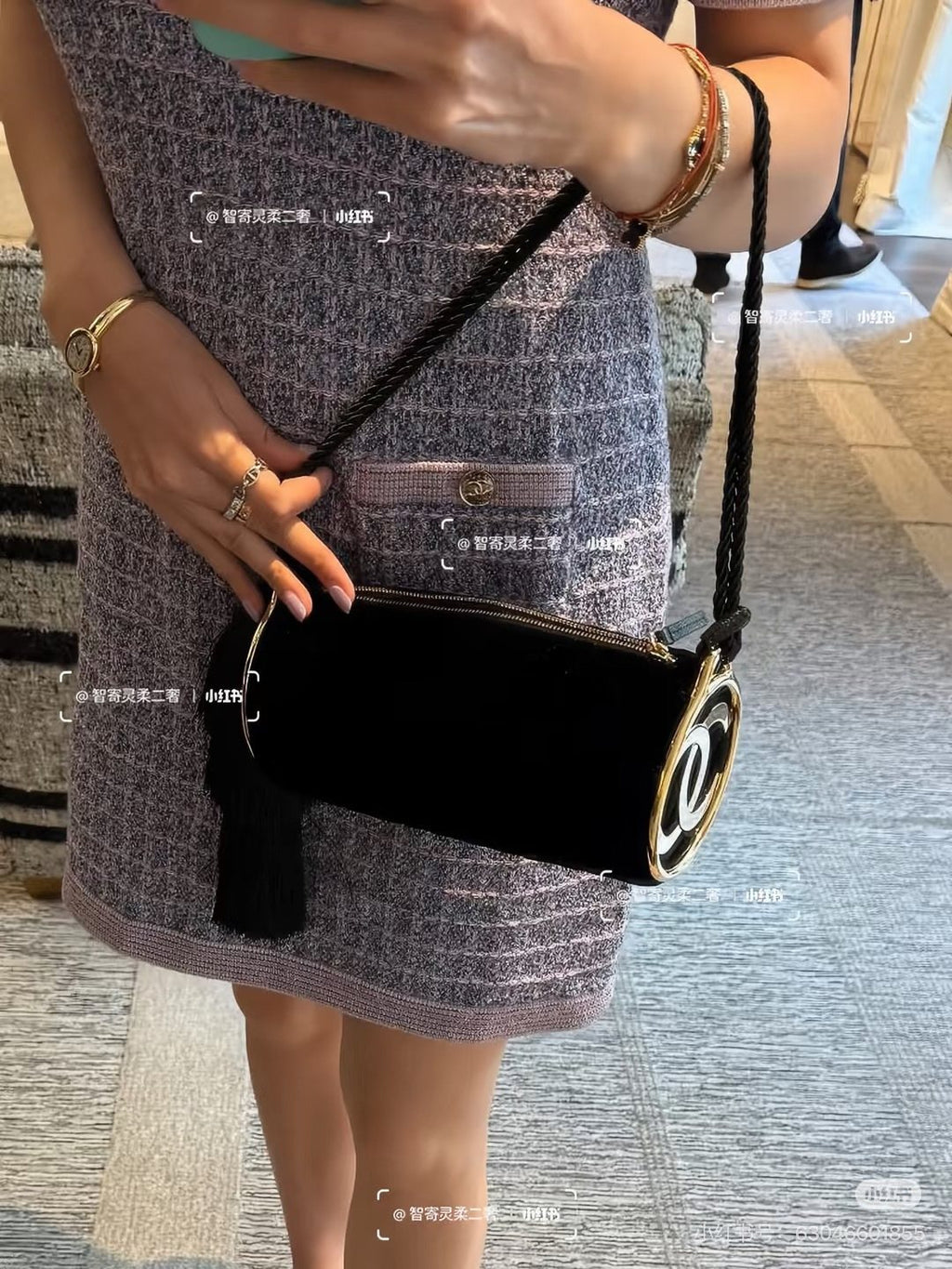 Chanel Quilted Velvet Barrel Shoulder Bag — model