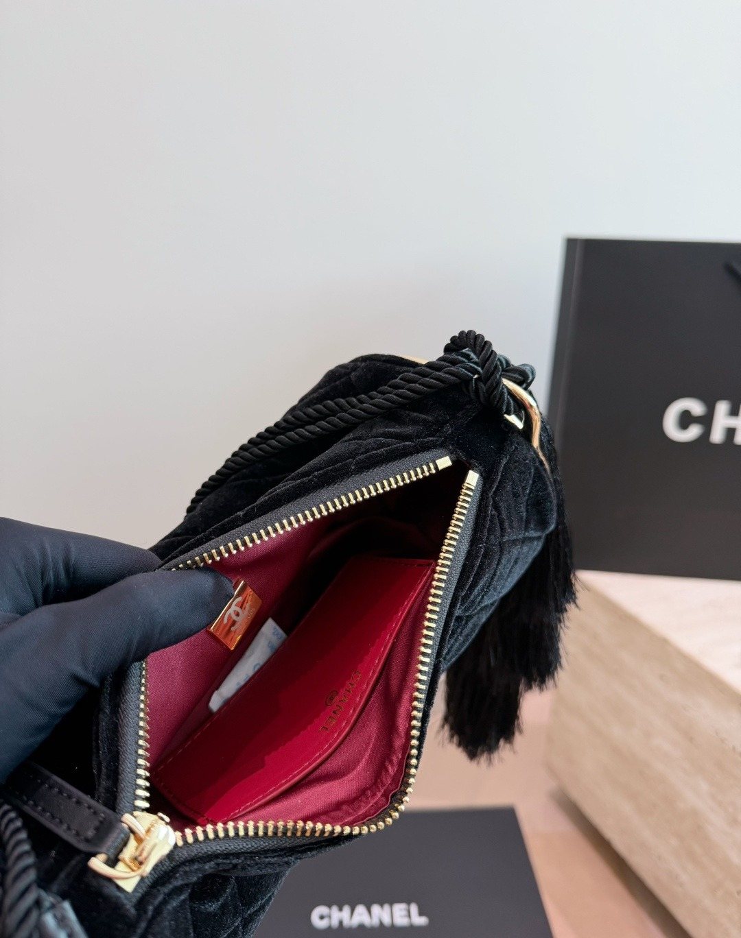 Chanel Quilted Velvet Barrel Shoulder Bag — detail