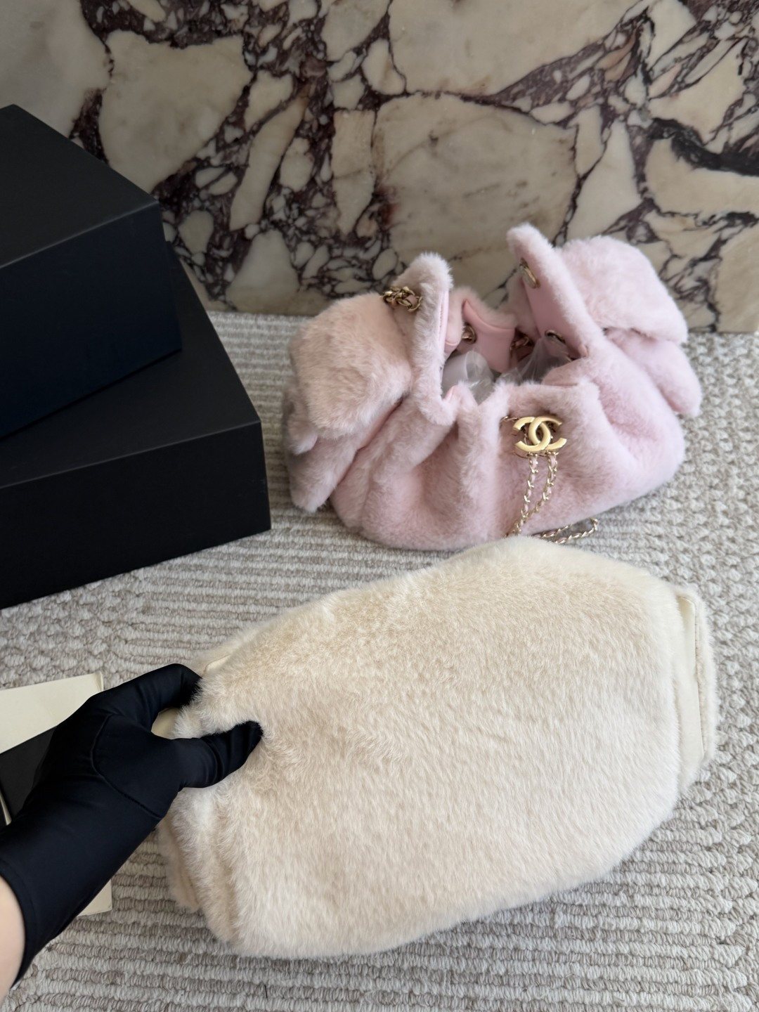 Chanel Fuzzy Drawstring Bucket Bag — detail