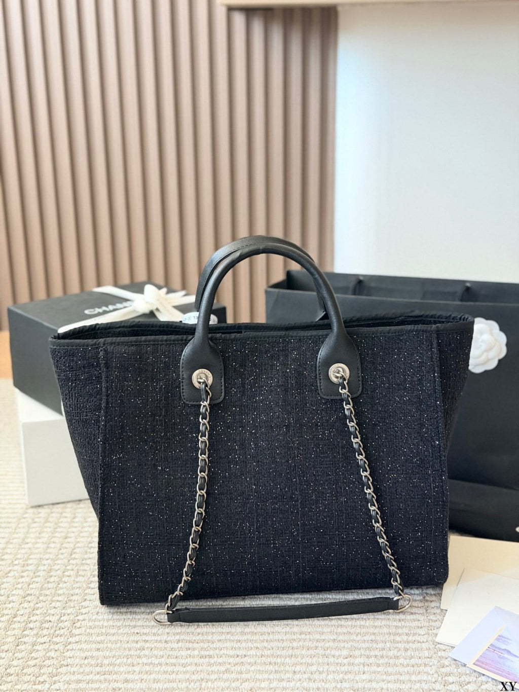 Chanel Textured Beach Tote with Chain Strap — back