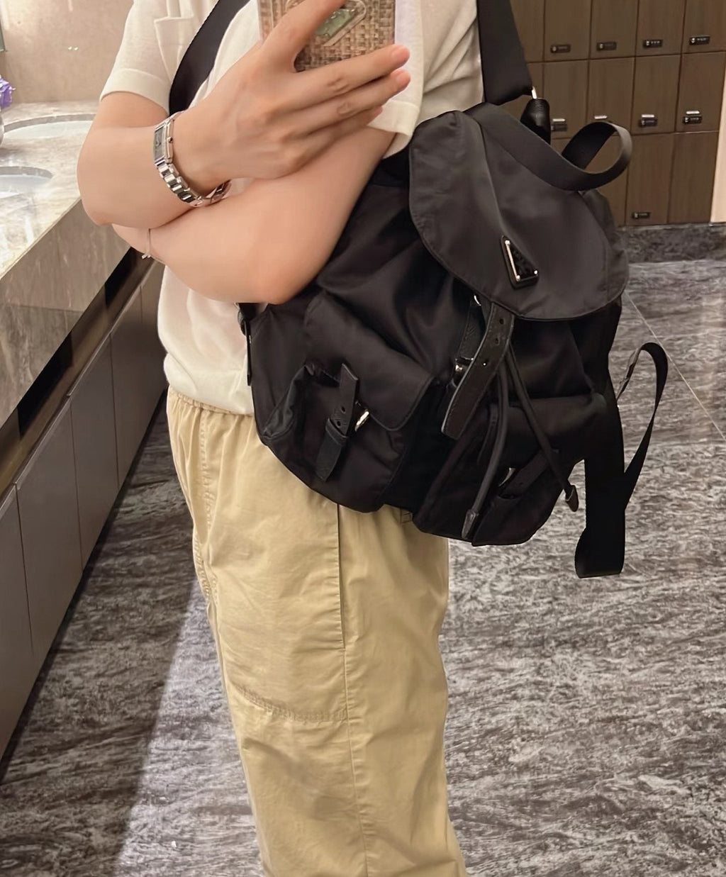 Prada Nylon Flap Backpack with Buckle Pockets — model