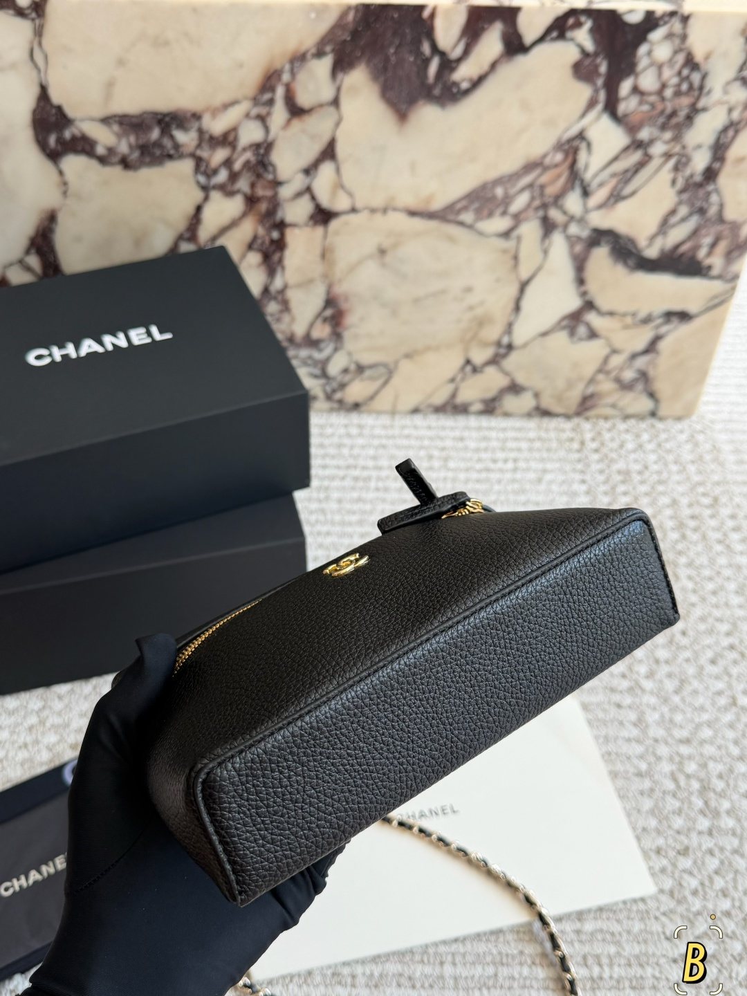 Chanel Pebbled Zip-Top Chain Handbag — detail
