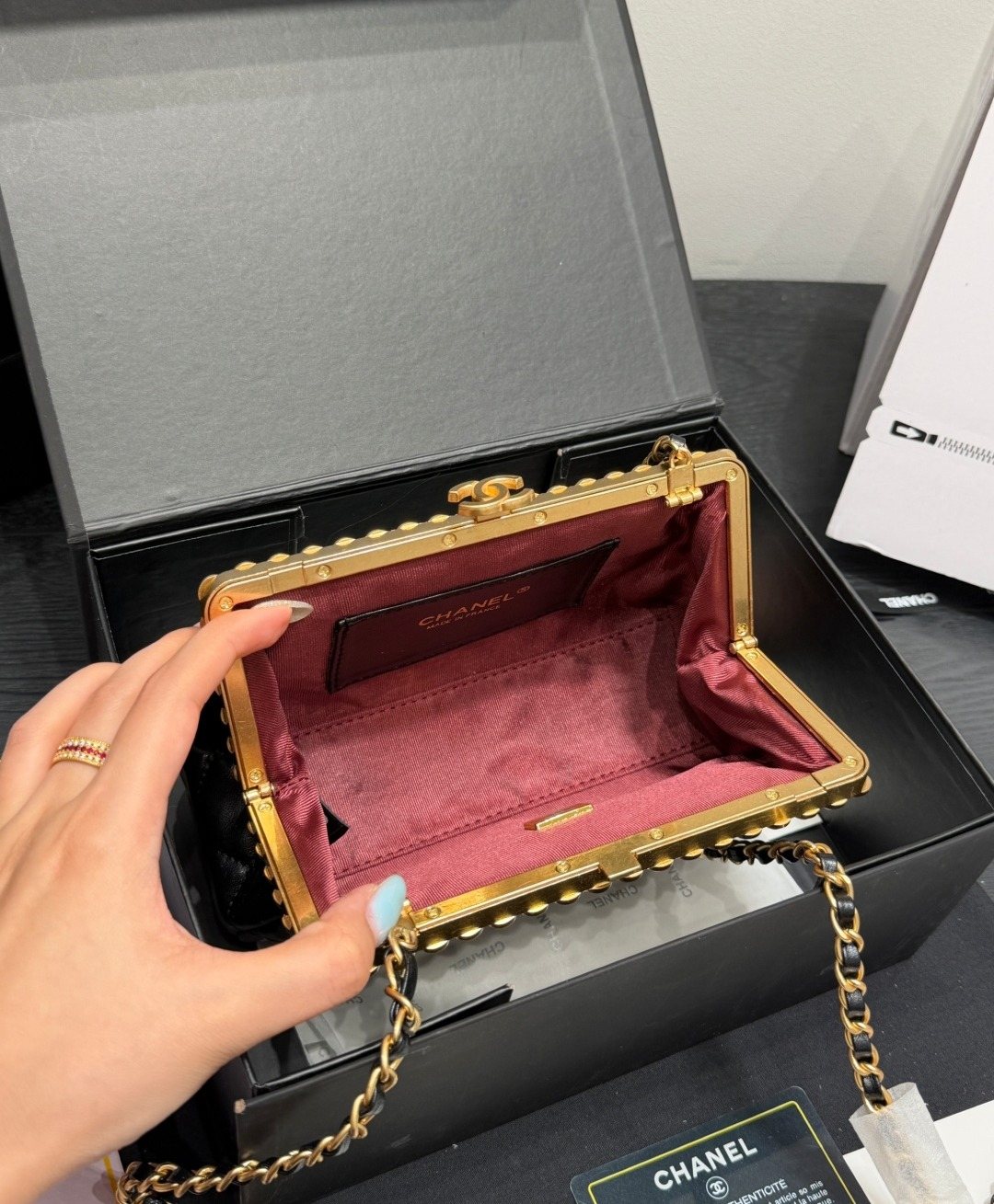 Chanel Pearl-Trim Quilted Frame Bag — detail