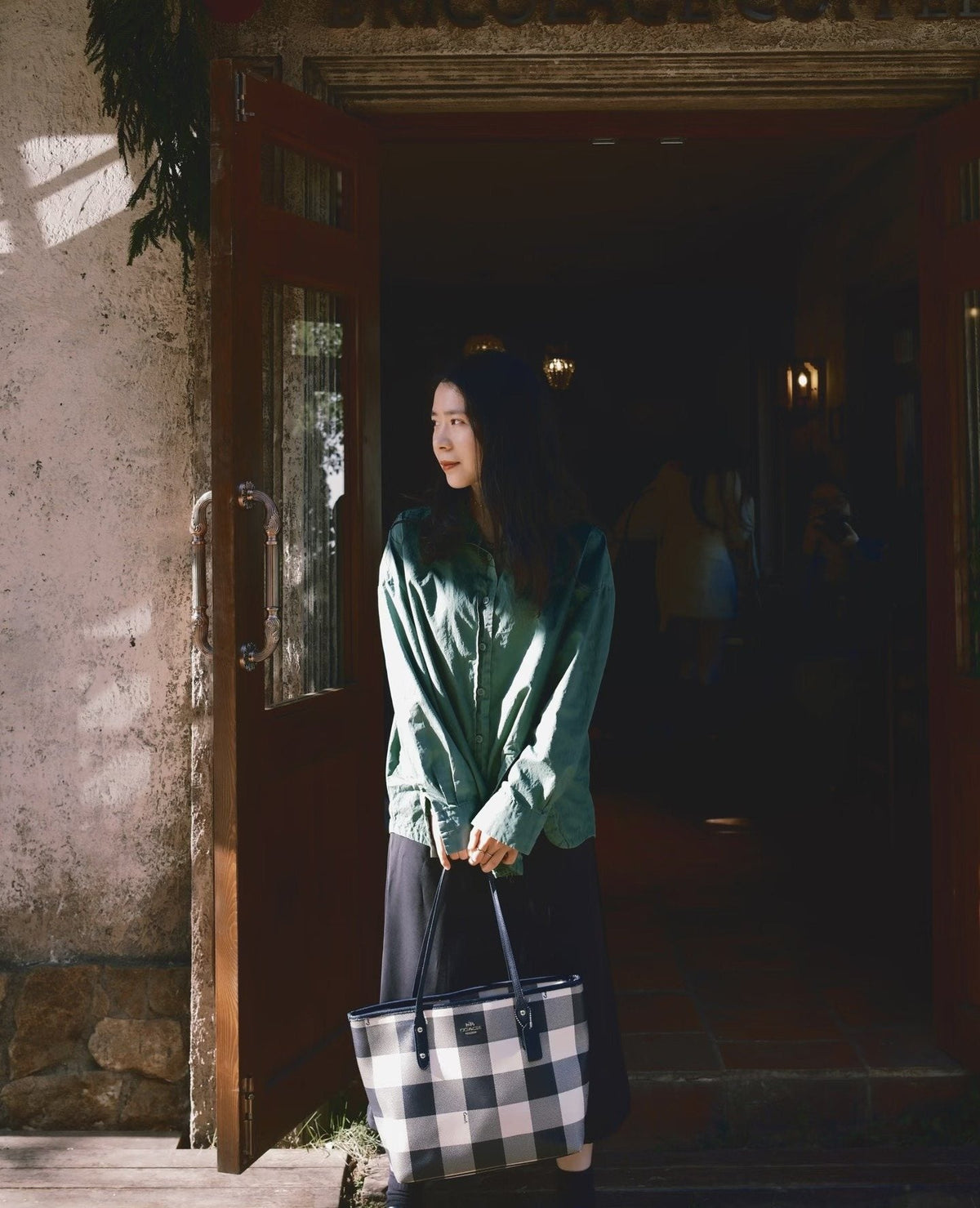 Coach City33 Checked Tote with Cherry Charm — model