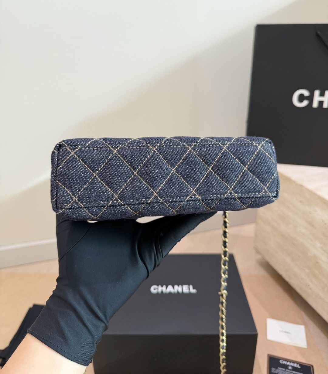 Chanel Kelly Quilted Denim Top-Handle Bag — detail