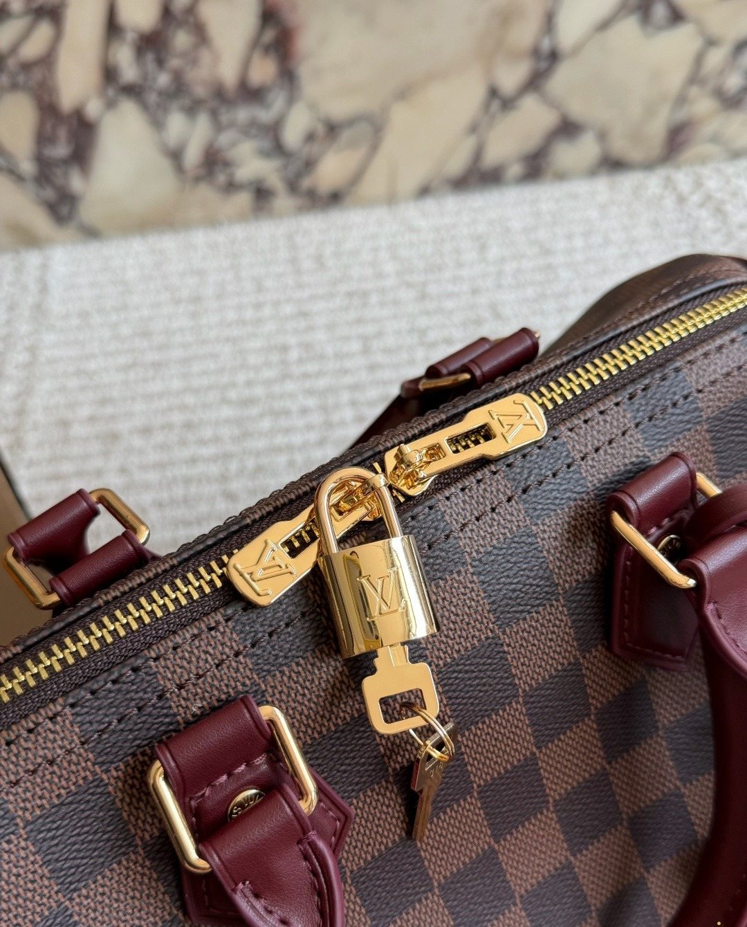 Louis Vuitton Speedy Checker Bag with Burgundy Trim — detail