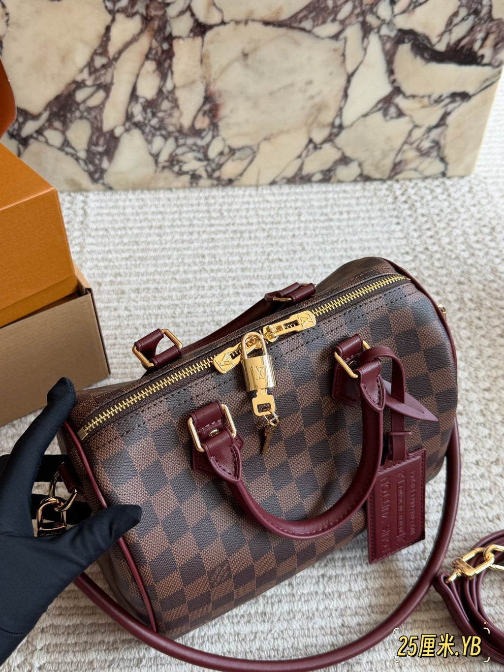 Louis Vuitton Speedy Checkerboard Bag with Burgundy Trim — front