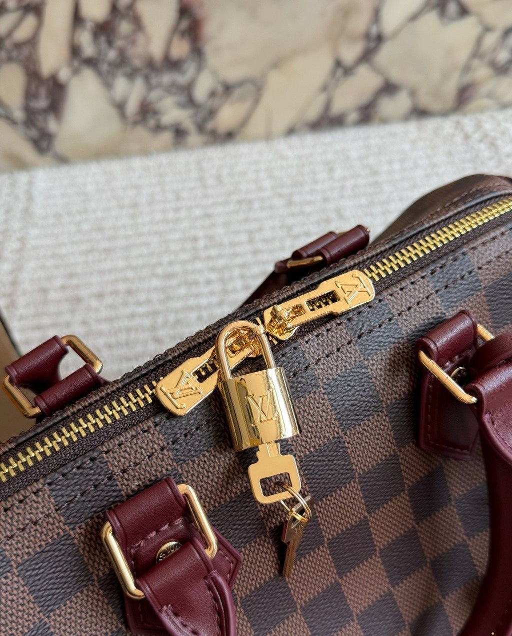 Louis Vuitton Speedy Checkerboard Bag with Burgundy Trim — detail