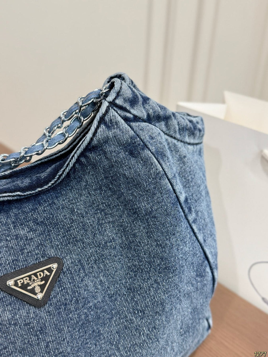 Prada Washed Denim Chain-Handle Tote — detail